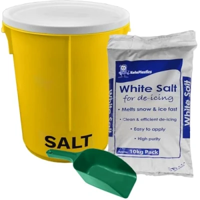 Image of KetoPlastics 25L Yellow Grit Salt Bin 43cm with Lid and 10kg White De icing for Driveway, Path Patio Scoop
