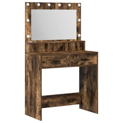 Image of vidaXL Smoked Oak Vanity Unit with Drawers and Lighted Mirror Rectangular Solid Makeup Station for Bedroom 79x41x135cm