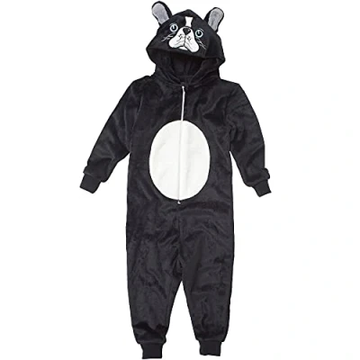 Image of Animal Crazy Boys Girls French Bulldog Onesie Fleece Jumpsuit Playsuit UK Seller Black 3/4 Years