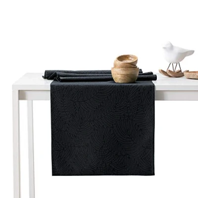 Image of AmeliaHome Gaia Table Runner 30 x 80 cm Lotus Effect Water Repellent Leaves Black