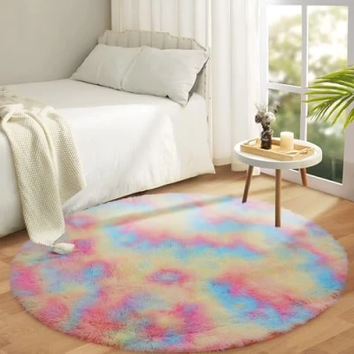 Image of Aspire Homeware Round Rugs Living Room Rainbow Area 120x120cm for Bedroom Anti Slip Modern Super Soft Thick Pile Small Fluffy Shaggy Rug Non Shedding