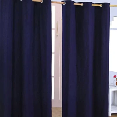 Image of HOMESCAPES Navy Blue Eyelet Curtain Pair 137cm (54&quot;) Wide x 182cm (72&quot;) Drop Plain Heavy Unlined Curtains
