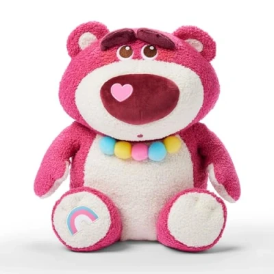 Image of Disney Store Official Lotso Medium Soft Toy, Toy Story, 34cm/13, Cuddly Plush Villain Figure, Pink Teddy Bear Features Rainbow Embroidery and Colourful Pom Necklace