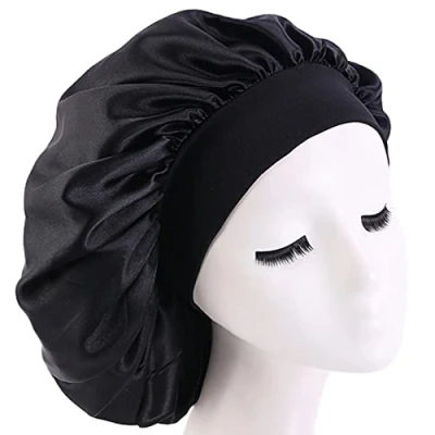 Image of Shower Cap, Bonnets for Women, Silk Hair Bonnet Sleeping, Men, Sleep Bonnet, Curly Bath, Wide Elastic Band Bonnet(Black)