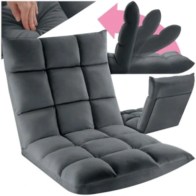 Image of TecTake® Floor Recliner Chair with 14 Adjustable Backrest Positions, Soft &amp; Washable Cover in Velvet Look, Thickly Padded Lounger Stable Steel Frame Cosy for Reading, Gaming Grey