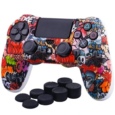 Image of YoRHa Water Transfer Printing Camouflage Silicone Cover Skin Case for PS4/slim/Pro Controller x 1(Skull Graffiti) With Pro thumb grips 8