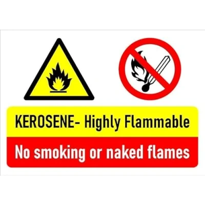 Image of Kerosene highly flammable, no smoking or naked flames sign Self adhesive sticker (300mm x 200mm)