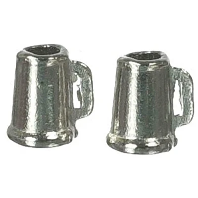 Image of Dolls House 2 Pewter Beer Tankards Mugs Miniature 1:12 Scale Pub Bar Accessory