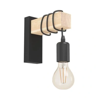Image of Eglo Indoor Wall Light Townshend, Vintage lamp with Wooden Beam, Retro Lighting Made of Wood and Metal in Black, E27, FSC Certified