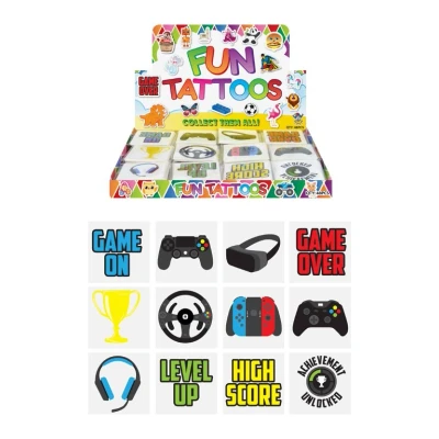 Image of Henbrandt 12x Mini Gamer Temporary Tattoos for Children 12pc Packs Kids Party Bag Favours Loot Fillers Lucky Dip Videogame Player Boys and Girls