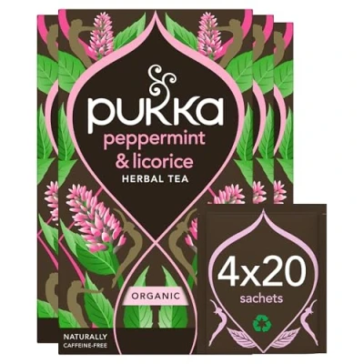 Image of Pukka Herbs Organic Peppermint &amp; Licorice Herbal Tea Box Ideal Digestive Infusion Selection Soothing After Meal Caffeine Free 4 Packs 80 Plant Based Biodegradable Bags