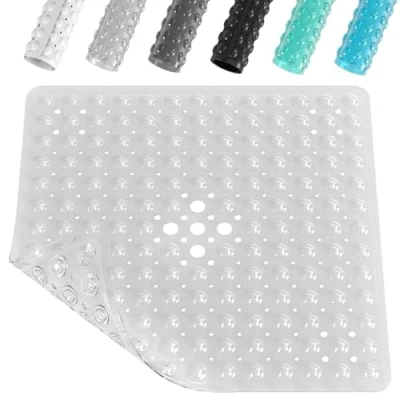 Image of XIYUNTE Square Shower Mat Non Slip Anti Mould 53 x 53cm Mats for Inside Shower, Rubber with Suction Cups &amp; Drain Holes, Machine Washable, Clear White