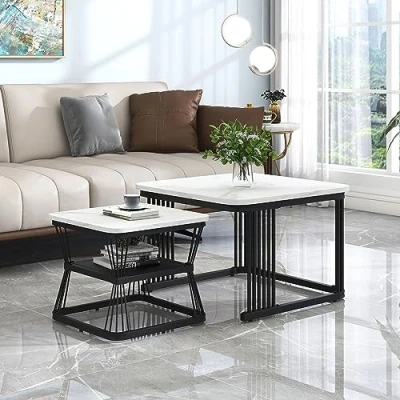 Image of ModernLuxe Square Coffee Table Nesting Tables Nest of 2 Marble Pattern Set: Stylish Multi functional for Living Room and Home Décor White Top