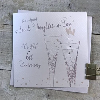 Image of WHITE COTTON CARDS Son &amp; Daughter in Law 6th Iron Wedding Anniversary Flutes