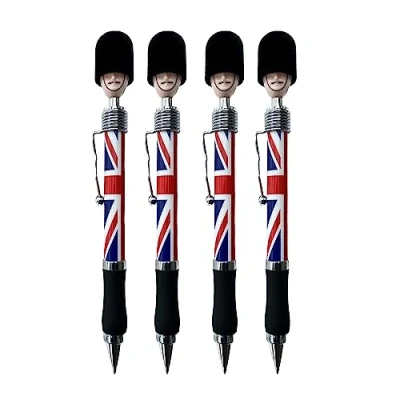Image of LILAJ Union Jack Flag Royal Guardsman Head Pens Set of 4 Retractable Ballpoint Collectable Souvenir Office Stationery Supplies King Soldier Fun Gifts for Kids, Party, School Decoration