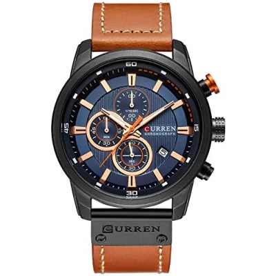 Image of Mens Leather Strap Watches Classic Casual Dress Stainless Steel Waterproof Chronograph Date Analog Quartz Watch (Black Blue), black blue, sports