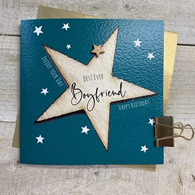 Image of WHITE COTTON CARDS BOYFRIEND BIG STAR DESIGN, BIRTHDAY CARD, HAND FINISHED (S198 BF)