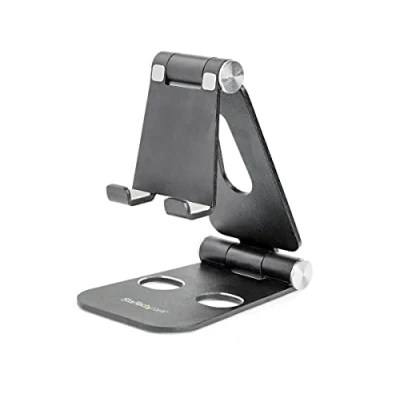 Image of StarTech.com Phone and Tablet Stand Foldable Universal Mobile Device Holder for Smartphones &amp; Tablets Adjustable Multi Angle Ergonomic Cell Desk Portable Black (USPTLSTNDB)