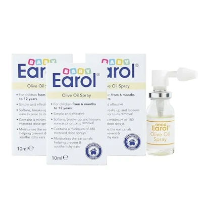 Image of Baby Earol Olive Oil Ear Spray for Babies and Children from 6 Months Excessive Wax, Reduce Need Syringing or Microsuction 3 Pack of 10ml Metered Dose