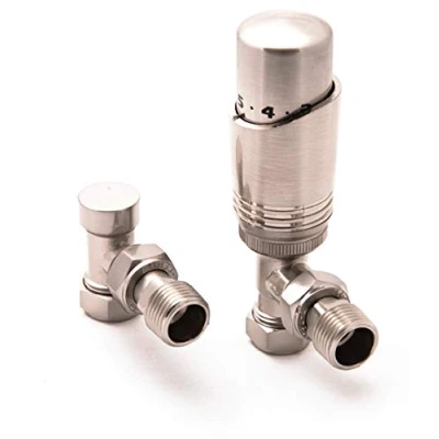 Image of Reina Modal Modern Thermostatic Radiator Valves + Lockshield 1/2&quot; x 15mm Brushed, Angled