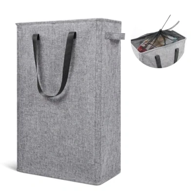 Image of Odonata Slim Laundry Hamper Handles Collapsible Basket Thin Dirty Clothes Narrow Bag Foldable 45L (Heather Grey)