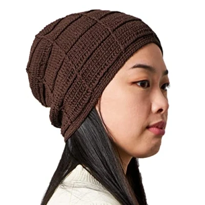 Image of CHARM Mens Summer Beanie Cotton Womens Crochet Slouch Cap Hand Made Chemo Hat Dark Brown