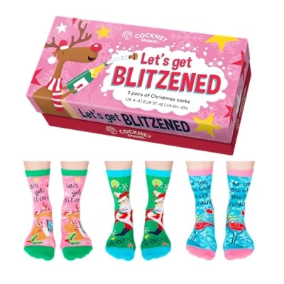 Image of Cockney Spaniel 3 Pairs of Women&#039;s Novelty Crew Socks, Size: UK 4 8 (EUR 37 42), Fun and Quirky Gift for Women (UK, Alpha, One Size, Regular, Let&#039;s Get Blitzened)