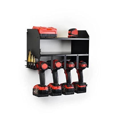Image of JBI MegaMaxx Power Tool 2 Shelf Storage Unit &amp; Charging Station for 4 Drills Wall Mount Toolbox and Accessories Rack Cabinet Workshop, Garage, Shed