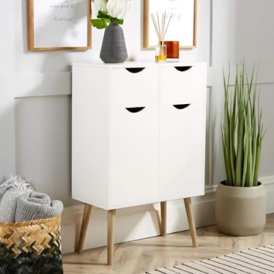 Image of Home Source Sideboard Storage Cabinet, 2 Door, Drawer Cupboard, Solid Wood Legs, White, Scandi Style