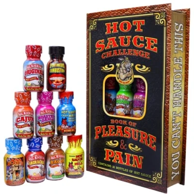 Image of Hot Sauce Challenge Book Of Pleasure &amp; Pain 12 0.75 Ounce Bottles Gift Set Perfect Premium Gourmet Try If You Dare!