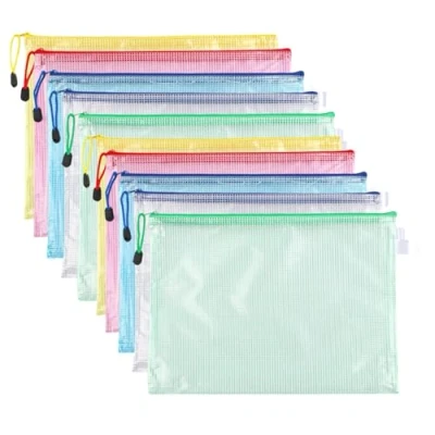 Image of A4 Zipped Document Pouch, 5 Colours PVC Transparent Folder, Zipper Mesh Pouch for Travel, Office, Supplies (10 Pieces)