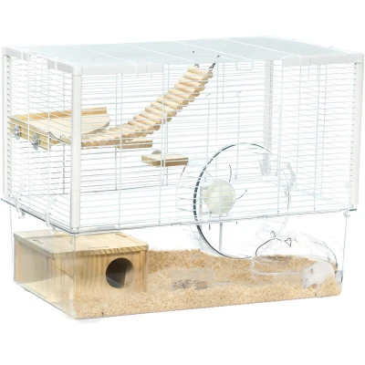 Image of PawHut Hamster Cage, Gerbil Cage w/Deep Bottom, Litter Area, Wooden Ramp, Platforms, Hut, Exercise Wheel, for Small Rodents, 59 x 35.5 47cm