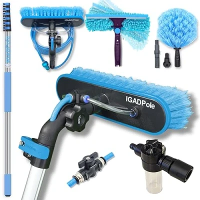 Image of IGADPole 24ft(7m) Washing Kit: Water Fed Brush, Cobweb Duster and 10(25cm) Squeegee Soap Dispenser, Window Cleaning Pole, Telescopic Cleaner Equipment