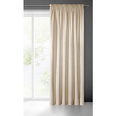 Image of Eurofirany Soft Plain Opaque Velvet Curtain with Rufflette Tape for Rail 1 Unit, Fluffy Panel Drape Classic Glamour Elegant Living Room, Bedroom, 290 g/m2, Polyester, Beige, W55 x L106