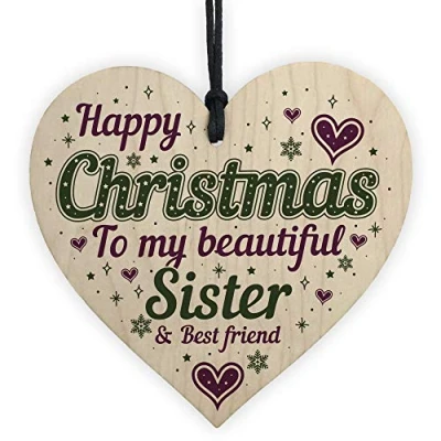 Image of RED OCEAN Christmas Sister Friendship Gifts Handmade Wooden Hanging Heart Tree Decoration Bauble Ornament