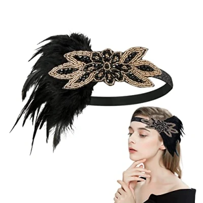 Image of MIVAIUN 1920s Black Feather Hairband,20s Vintage Gatsby Hair Bands, Rhinestone Bands,Bridal Headband Accessories,Flapper Headband,for Wedding Party Costume Prom(1 PCS)