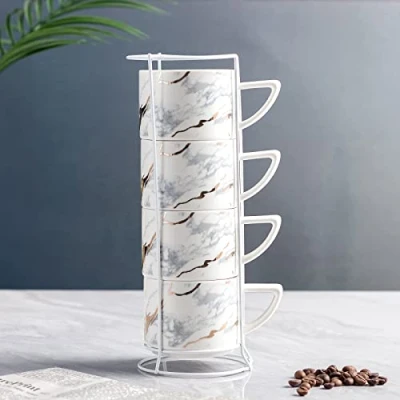 Image of Winlauyet 200ml Set of 4 Porcelain Cappuccino Espresso Cups with Chrome Rack Holder Coffee Tea Cup (White)