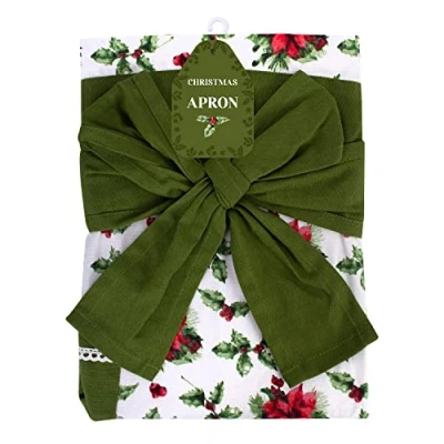 Image of Green And Red Festive Apron Christmas Dinner Cotton With Pockets Holly Range