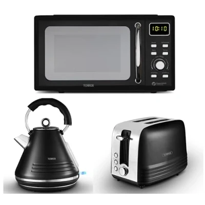 Image of Tower Ash Black 1.7L 3KW Pyramid Kettle, 2 Slice Toaster &amp; T24041BLK 800W 20L Digital Microwave. Contemporary Matching Microwave Set in with Chrome, TOWASHKT2T24041BLK