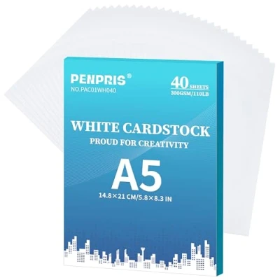 Image of 300gsm White Cardstock 40 Sheets A5 Size Cardboard Paper Cover Card Stock 110lb Heavyweight Thick for DIY Making,Invitations,Postcards,Business Cards PAC01WH040