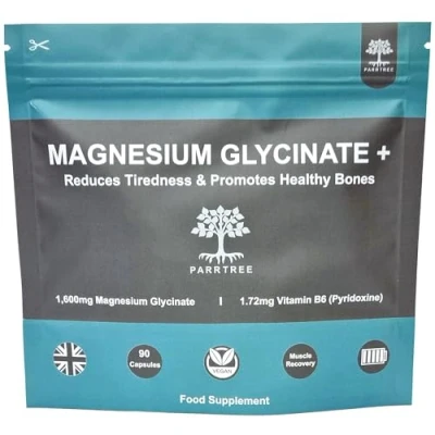 Image of Magnesium Glycinate + with Added Vitamin B6 1600mg Supplement as Bisglycinate High Strength Absorption 320mg Elemental 90 Vegan Capsules Made in The UK