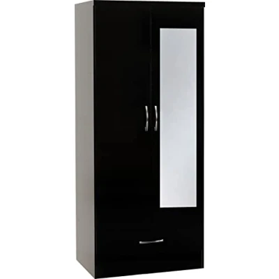 Image of Seconique Nevada Mirrored 2 Door Wardrobe in Black Gloss