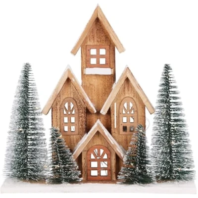 Image of LED Wooden Christmas House with Bottle Brush Trees Light Up Ornament Village Timer 30cm
