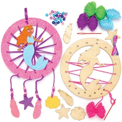 Image of Baker Ross AT728 Mermaid Wooden Dreamcatcher Kits Pack of 4, for Kids Arts and Crafts Projects