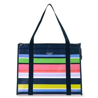 Image of kate spade new york Reusable Shopping Bag, Insulated Grocery Tote with Shoulder Straps, Large Collapsible Cooler, Sunny Day Stripe, L