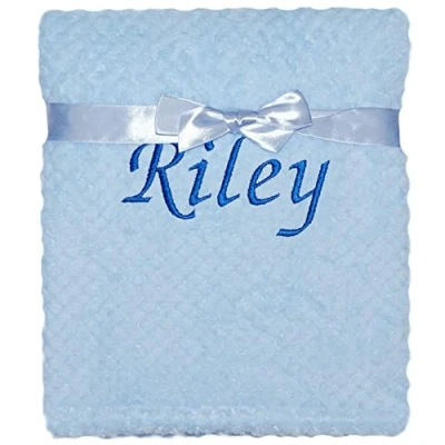 Image of Baby Boy Girl Personalised Blanket Embroidered Name Waffle (Blue)