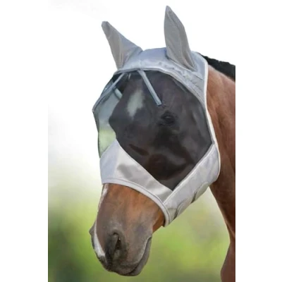 Image of Harrison Howard CareMaster Midge proof Fleece Padding Horse Fly Mask Half Face with Ears Silver/Black Retro Small Pony