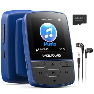 Image of WOLFANG 64GB MP3 Players with Bluetooth 5.3, Sports Clip, Mini Size, Weigh 1 oz, HiFi Speaker FM Radio, Voice Recorder, Earphones included
