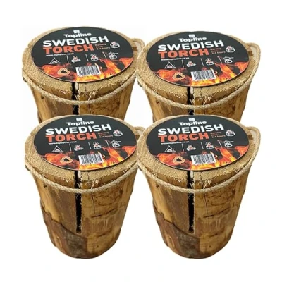 Image of Swedish Fire Torch Instant Wood 4 x Extra Dry Kiln Dried Logs with Topline Card. Perfect for a Garden Pit. Can Be Used as Campfire, Stove or Even Lantern/Garden Candle
