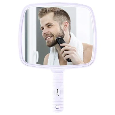 Image of xnicx Hand Mirror Professional Held Barbers Shaving Salon Mirrors Hairdressers Compact Tool with Handle for Travel Festival Essentials White